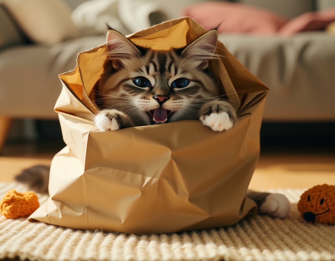 Cat hides partly inside a crumpled paper bag, with its paws playfully batting at the edges. The room features cozy decor with soft lighting and homey furniture.
